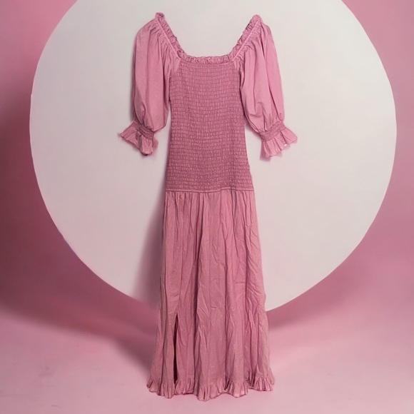 RHODE Resort Pink Eva Off The Shoulder Smocked Cotton Maxi Dress medium - Picture 3 of 10